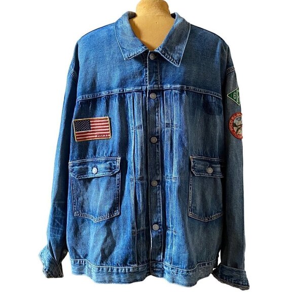 Polo Ralph Lauren Sportsman Distress Patch Trucker Jean Jacket Big 4X USA FLAG - Picture 1 of 15